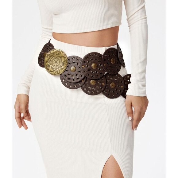 Wide Brown Disc Belt for Women Boho Concho Leather Belts Western Waist Belt - Picture 2 of 6